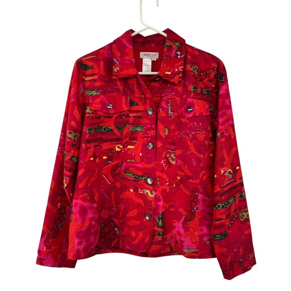 Coldwater Creek Silk Blend Jacket Women’s S Red Multicolor Lined Button Front - Picture 1 of 13